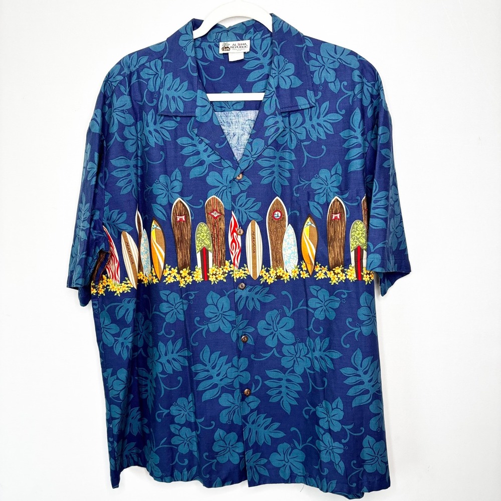 Vintage Aloha Republic Mens 2XL Hawaiian Shirt Cotton Surfboard Floral USA